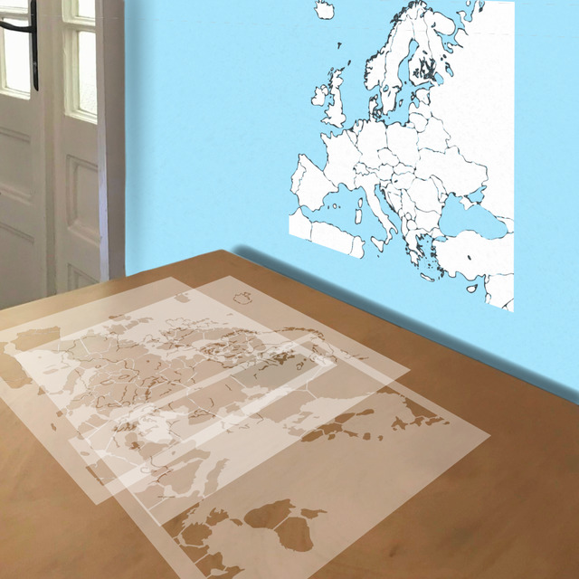 Map of Europe stencil in 3 layers, simulated painting