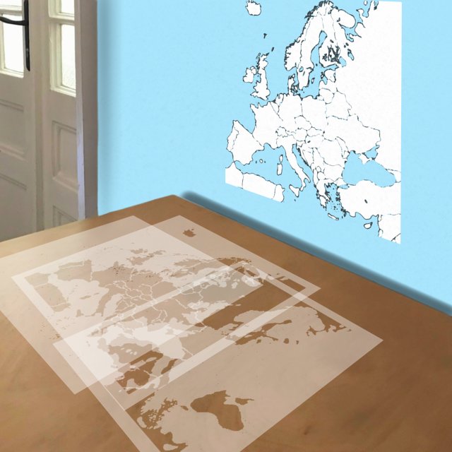 Map of Europe stencil in 3 layers, simulated painting