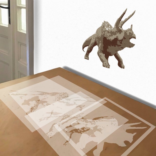 Triceratops Charging stencil in 4 layers, simulated painting