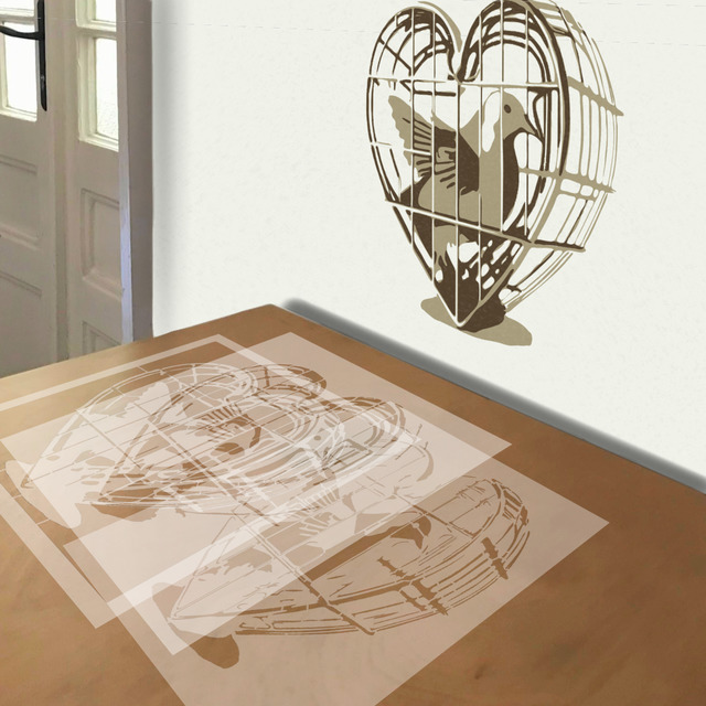 Dove in a Heart-shaped Cage stencil in 3 layers, simulated painting