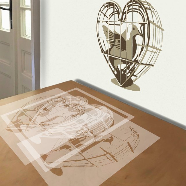 Dove in a Heart-shaped Cage stencil in 3 layers, simulated painting