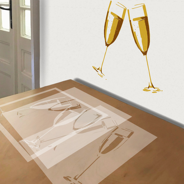 Champagne stencil in 3 layers, simulated painting