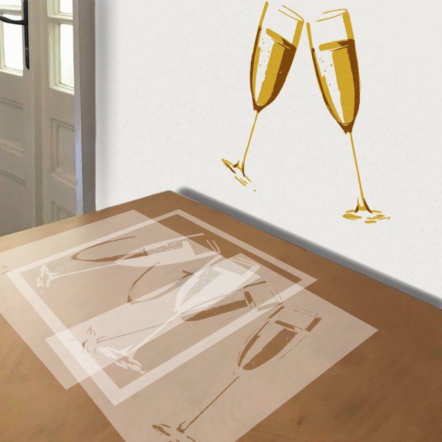 Champagne stencil in 3 layers, simulated painting