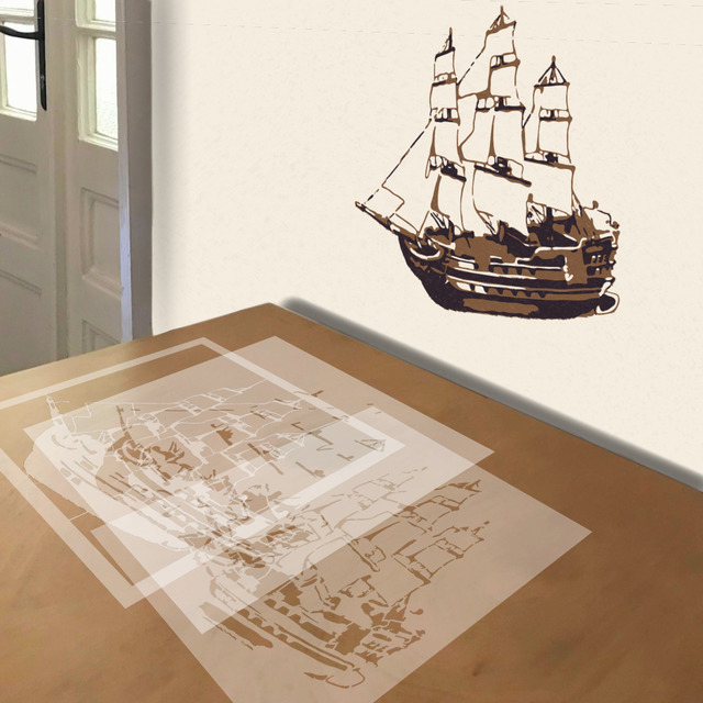 Sailing Ship stencil in 3 layers, simulated painting