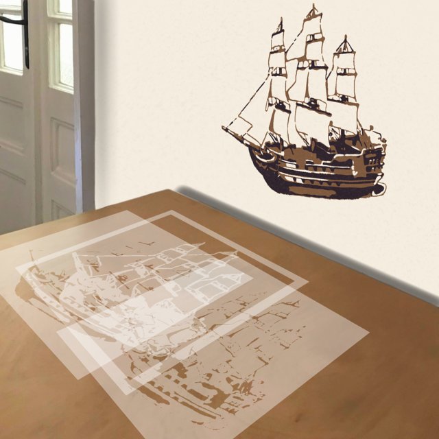 Sailing Ship stencil in 3 layers, simulated painting