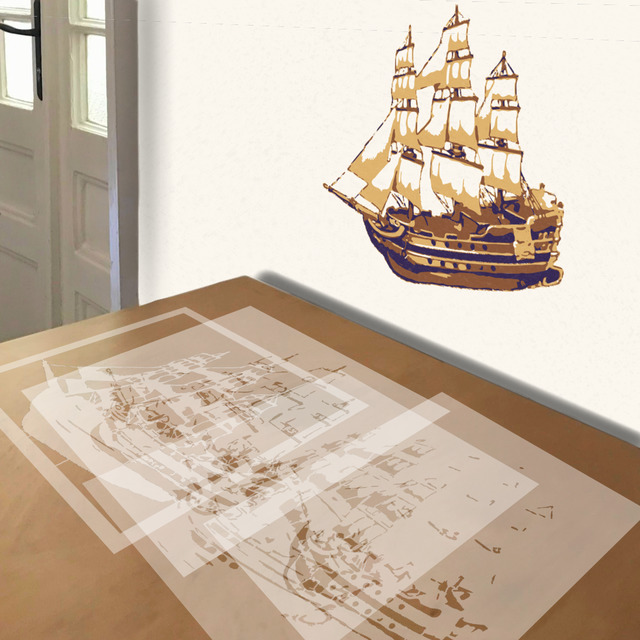 Sailing Ship stencil in 4 layers, simulated painting