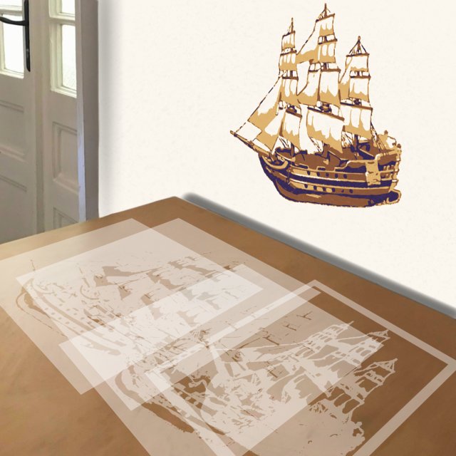 Sailing Ship stencil in 4 layers, simulated painting