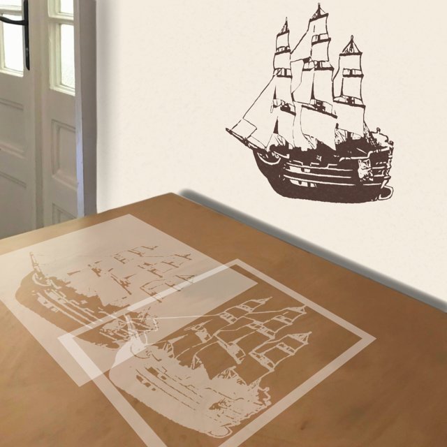 Sailing Ship stencil in 2 layers, simulated painting