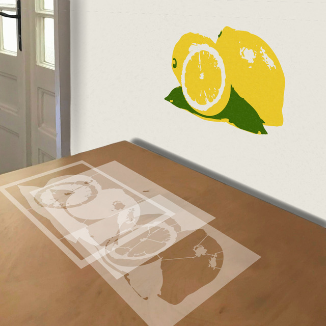 Lemons stencil in 3 layers, simulated painting