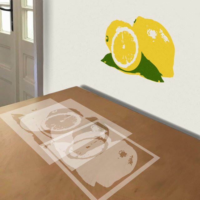 Lemons stencil in 3 layers, simulated painting