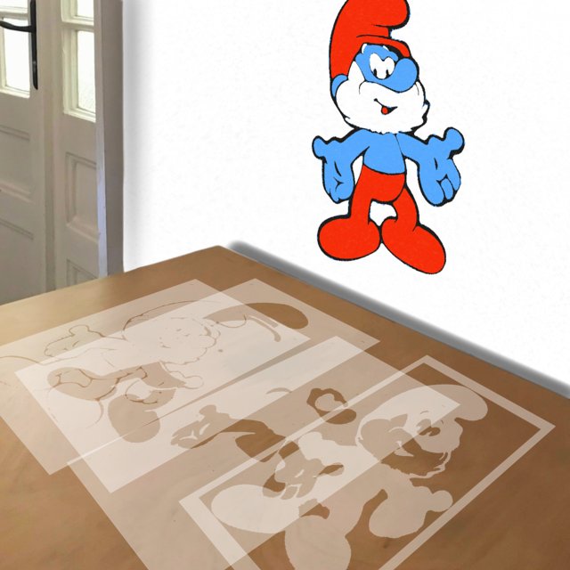 Papa Smurf stencil in 4 layers, simulated painting