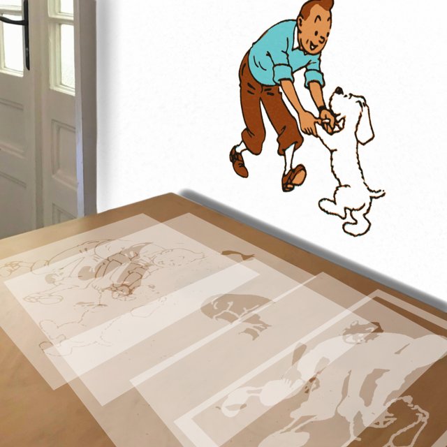 Tintin stencil in 5 layers, simulated painting