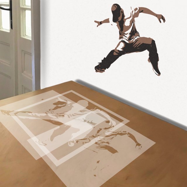 Breakdancer stencil in 3 layers, simulated painting