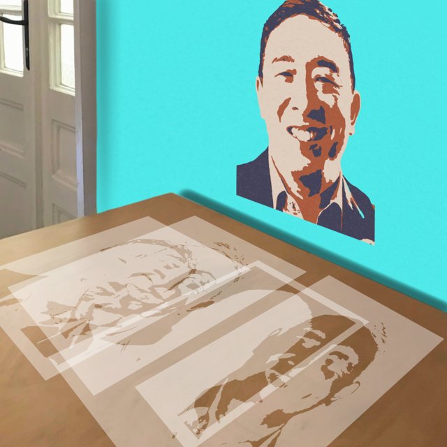 Andrew Yang stencil in 4 layers, simulated painting