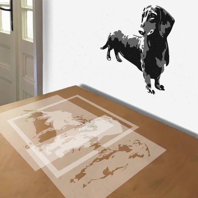 Dachshund in Grey stencil in 3 layers, simulated painting