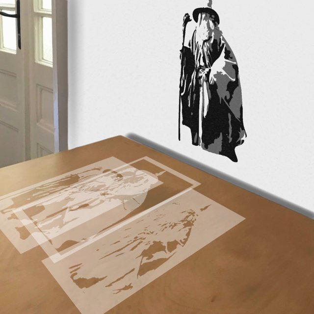 Standing Gandalf stencil in 3 layers, simulated painting