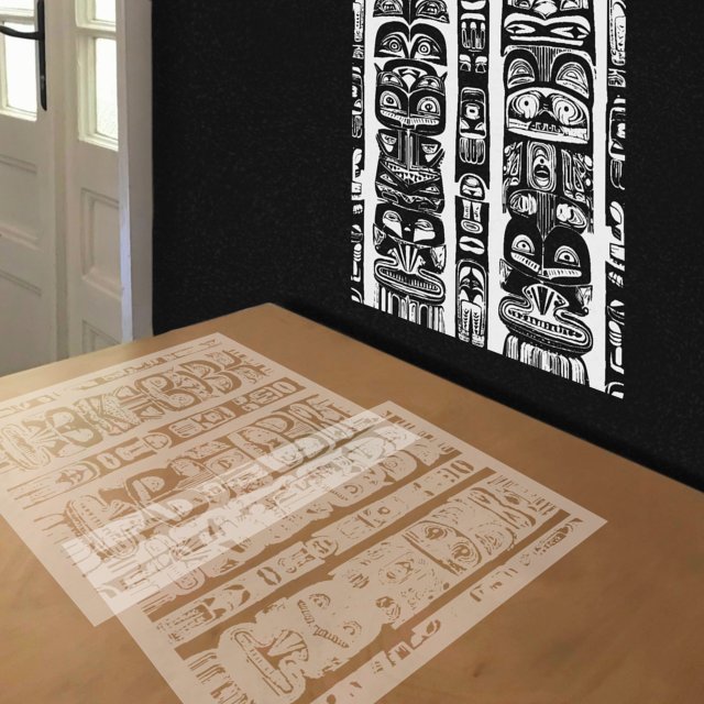 Totem Poles stencil in 2 layers, simulated painting