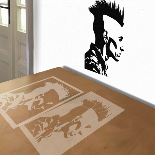Punk with Mohawk stencil in 2 layers, simulated painting