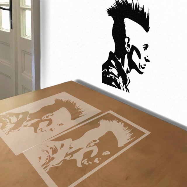 Punk with Mohawk stencil in 2 layers, simulated painting