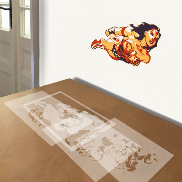 Wonder Woman Flying stencil in 4 layers, simulated painting