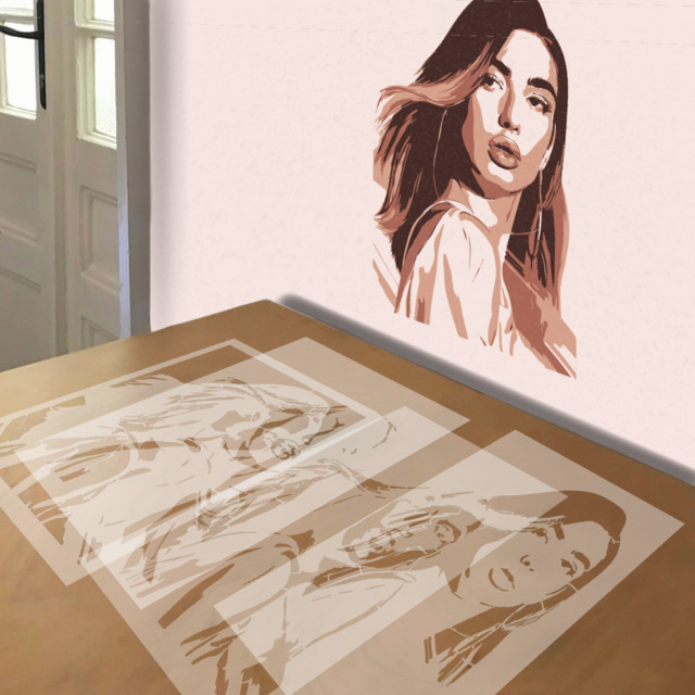 Dua Lipa stencil in 4 layers, simulated painting