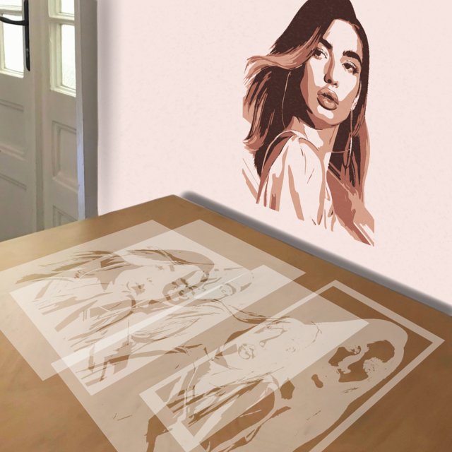 Dua Lipa stencil in 4 layers, simulated painting