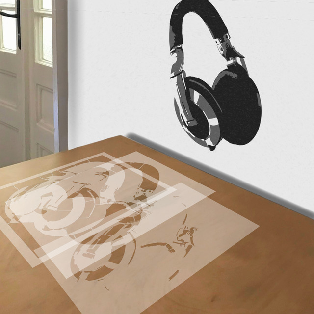 Headphones stencil in 3 layers, simulated painting