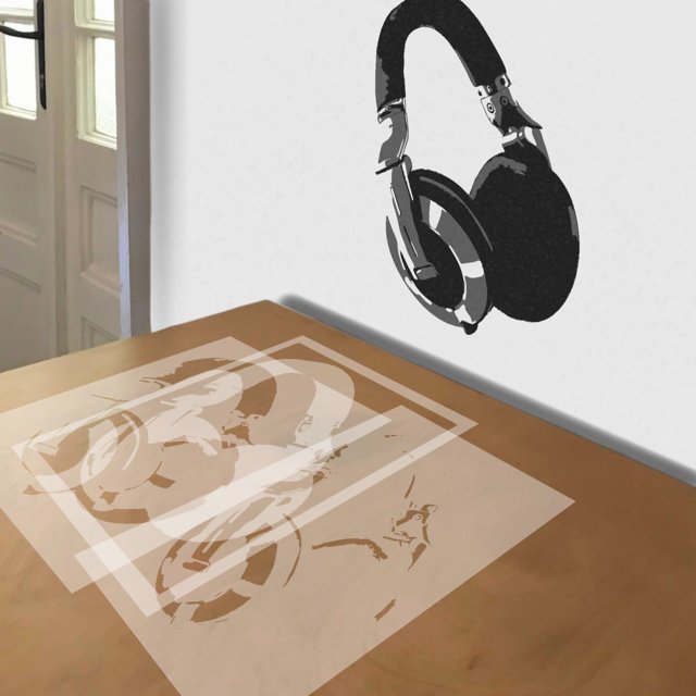 Headphones stencil in 3 layers, simulated painting