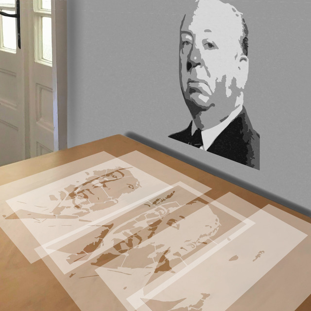 Alfred Hitchcock stencil in 5 layers, simulated painting