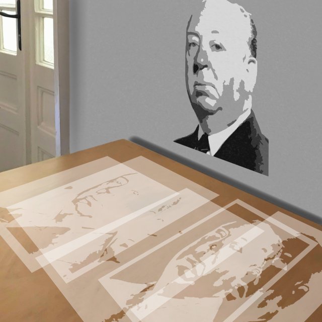 Alfred Hitchcock stencil in 5 layers, simulated painting