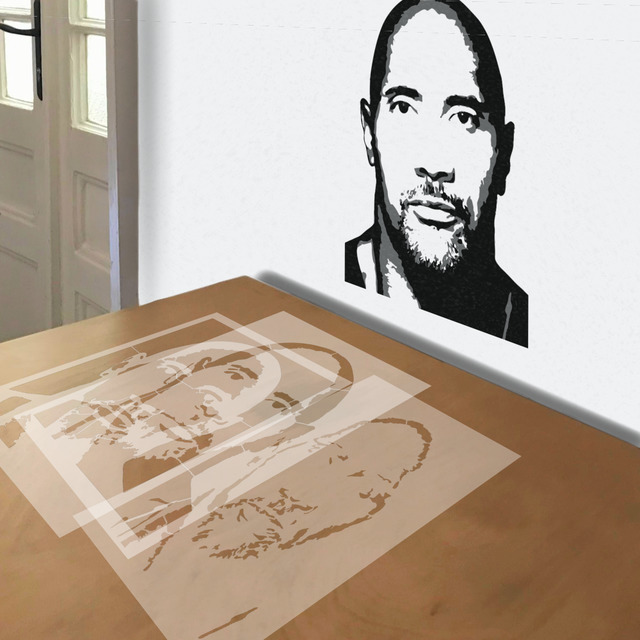 Dwayne Johnson stencil in 3 layers, simulated painting