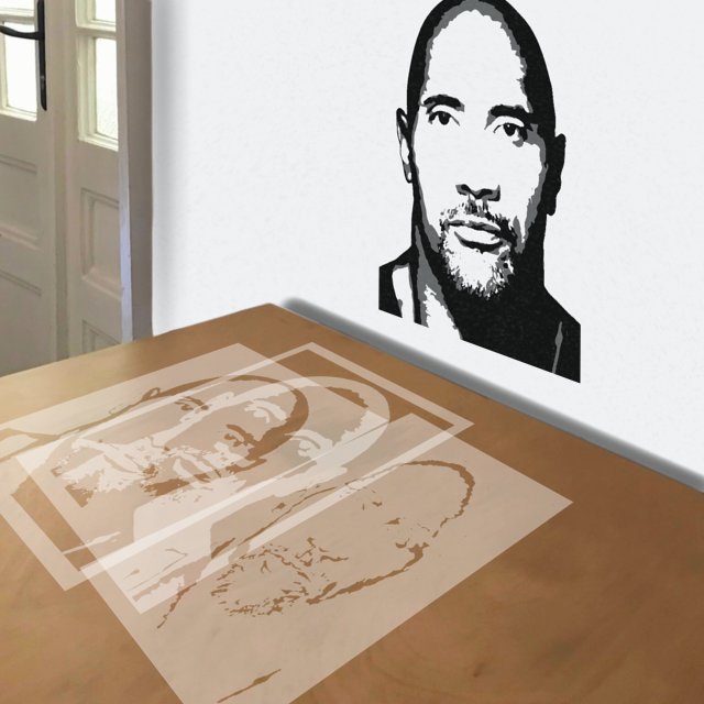 Dwayne Johnson stencil in 3 layers, simulated painting