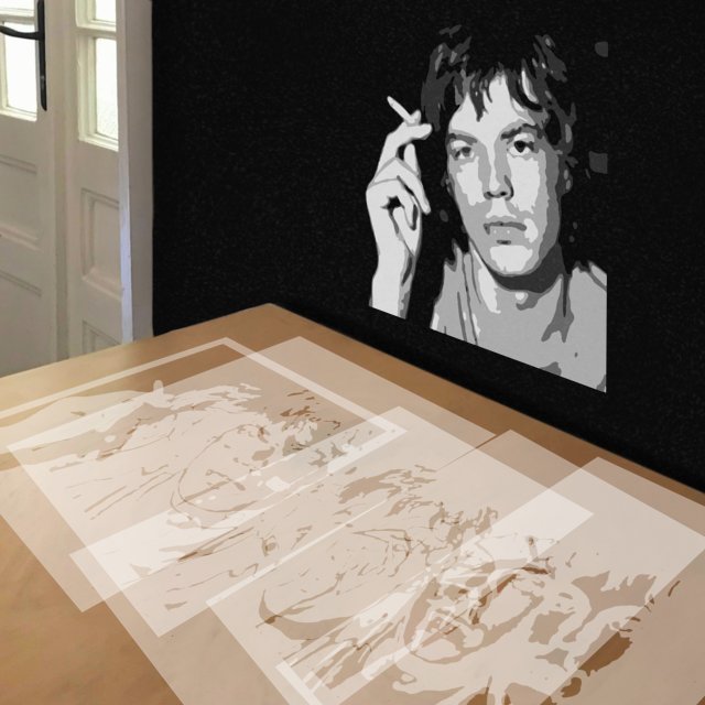 Mick Jagger Smoking stencil in 5 layers, simulated painting