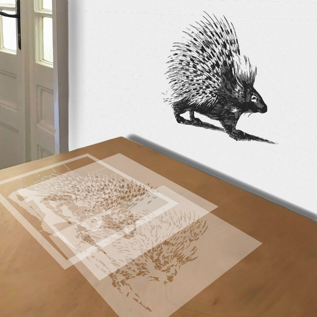 Porcupine stencil in 3 layers, simulated painting