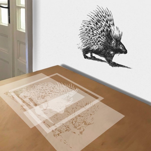 Porcupine stencil in 3 layers, simulated painting