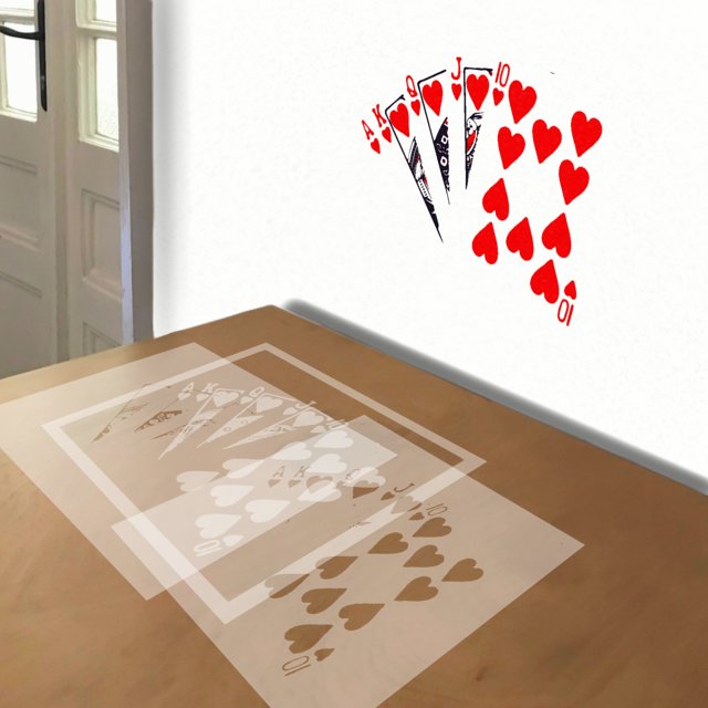 Royal Flush in Hearts stencil in 3 layers, simulated painting