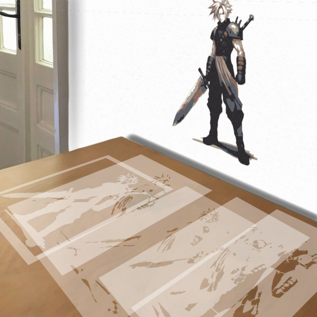 Cloud Strife stencil in 5 layers, simulated painting