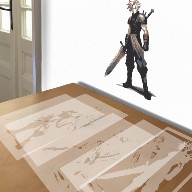 Cloud Strife stencil in 5 layers, simulated painting