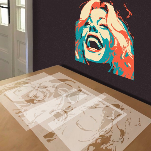 Woman Laughing stencil in 4 layers, simulated painting