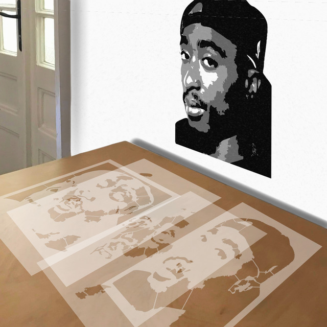 Tupac Shakur stencil in 4 layers, simulated painting