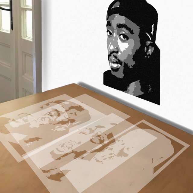 Tupac Shakur stencil in 4 layers, simulated painting