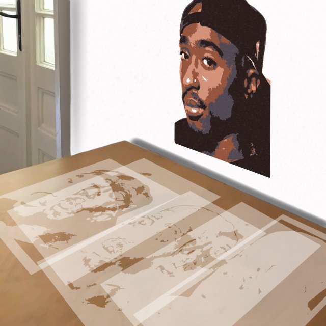 Tupac Shakur stencil in 5 layers, simulated painting