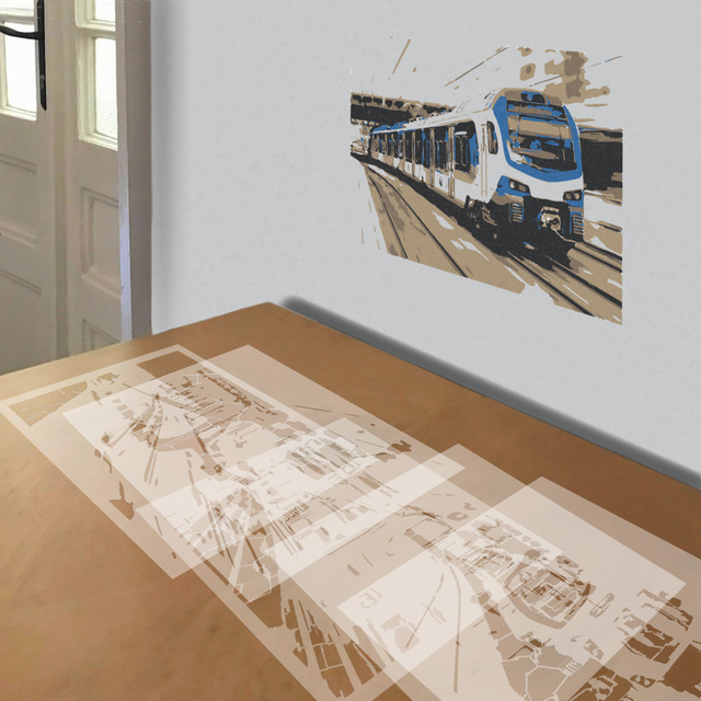 Train stencil in 5 layers, simulated painting