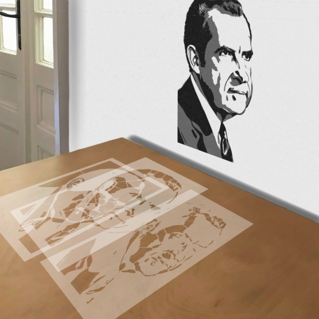 Richard Nixon stencil in 3 layers, simulated painting