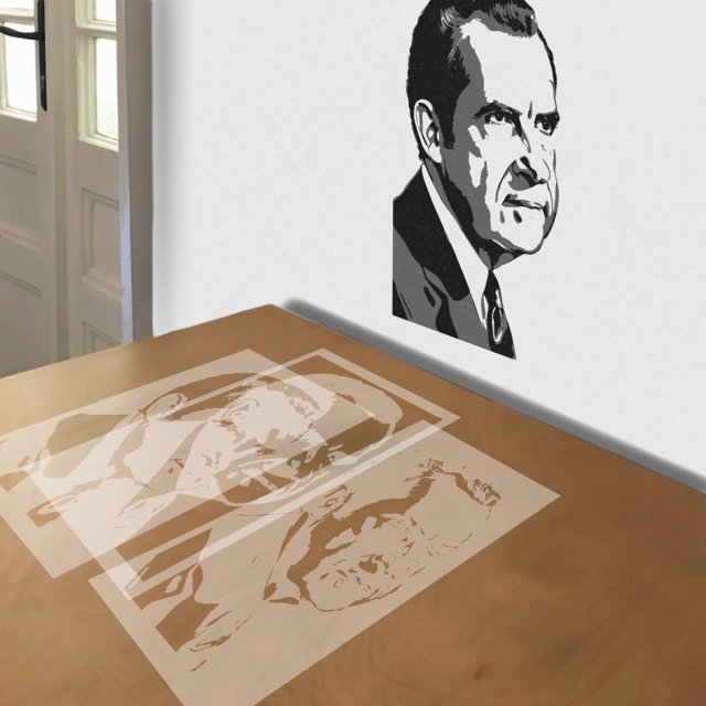 Richard Nixon stencil in 3 layers, simulated painting