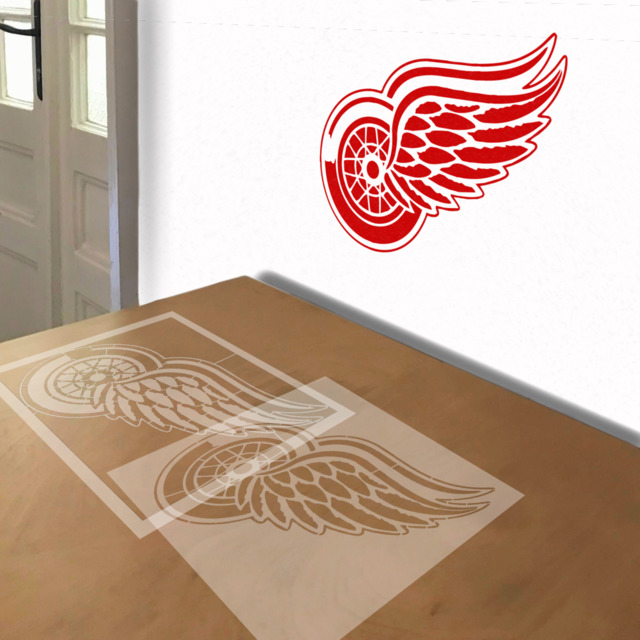 Detroit Redwings stencil in 2 layers, simulated painting
