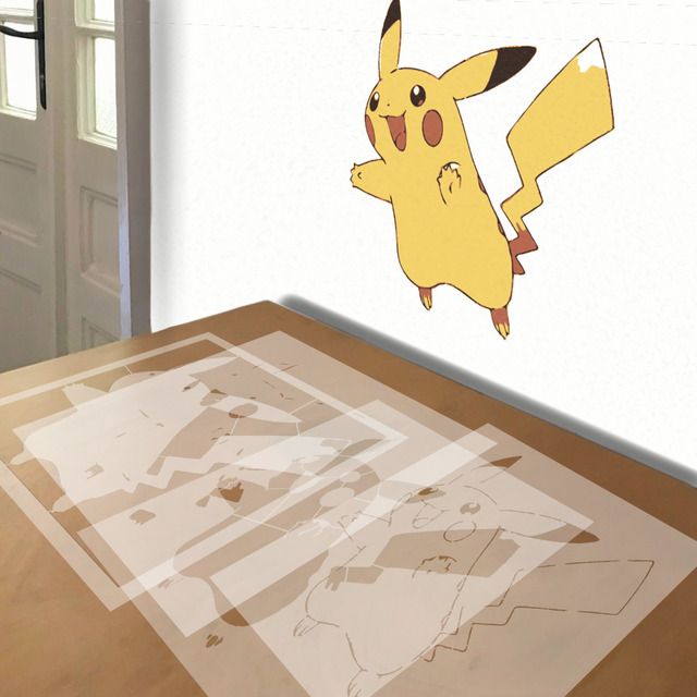 Pikachu stencil in 4 layers, simulated painting