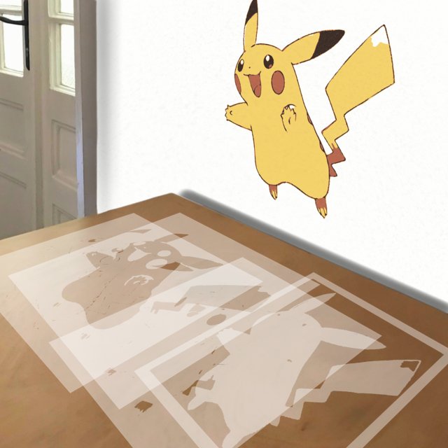 Pikachu stencil in 4 layers, simulated painting