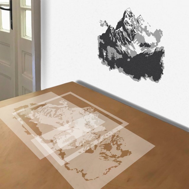 Mountain Landscape stencil in 3 layers, simulated painting