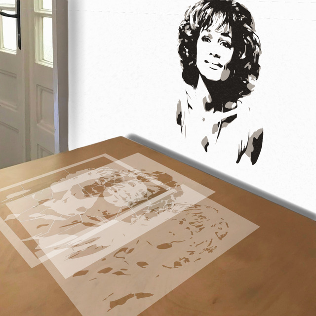Whitney Houston stencil in 3 layers, simulated painting